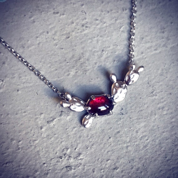 Prickly Pear Pendant Sterling Silver with natural garnet fruit center cactus lover necklace