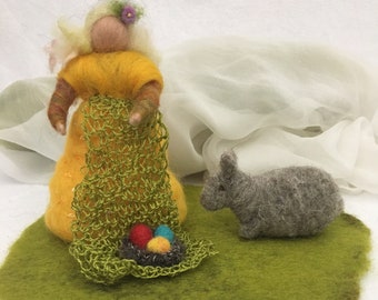 Easter child, Easter bunny, Easter eggs felted Waldorf type seasonal table