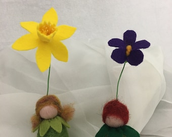 Daffodil and violets, flower children Waldorf art