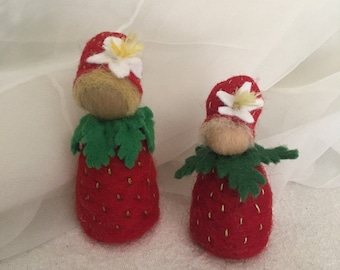 Two flower children strawberry seasonal table Waldorf style felted