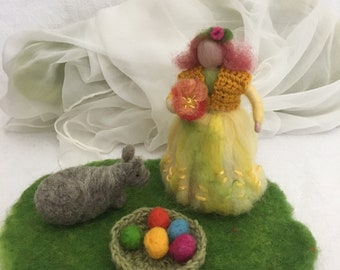 Easter child, Easter bunny, Easter eggs felted Waldorf type seasonal table