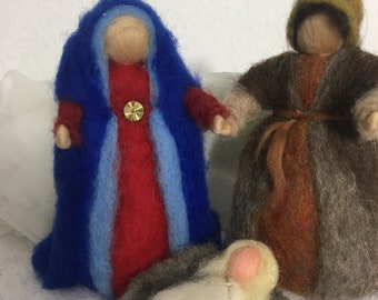 Figurines de la Nativité Sainte Famille feutrées en laine. Marie, Joseph et l'enfant