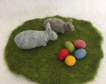 Meadow, Easter meadow Easter bunnies and Easter eggs felted seasonal table