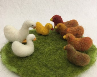 Ducks and geese in mini format needle felted on a meadow, Waldorf Art