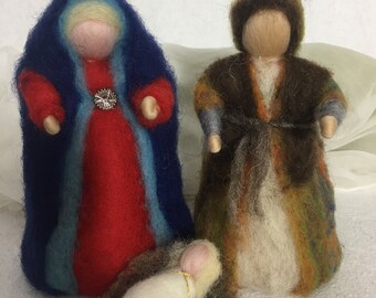 Figurines de la Nativité Sainte Famille feutrées en laine. Marie, Joseph et l'enfant