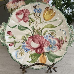 Vtg Hand Painted Italian Renaissance Floral Rose Round Serving Platter 11 Italy