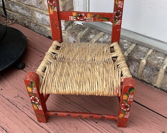 Vintage Floral Mexican Inspired Distressed Hand Painted Woven Kids Chair