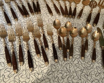 Vintage Thai Artisan Thailand Bronze & Rosewood Flatware Set 39pcs