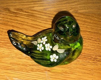 Pássaro de vidro pintado à mão vintage Fenton Green, assinado! Lindo!