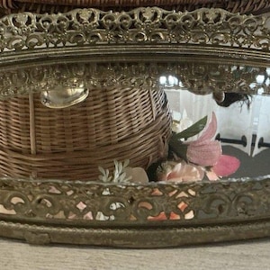 Vintage Ornate Mirrored Tray Gold Vanity Dresser Oval Filigree 9 X 13.5