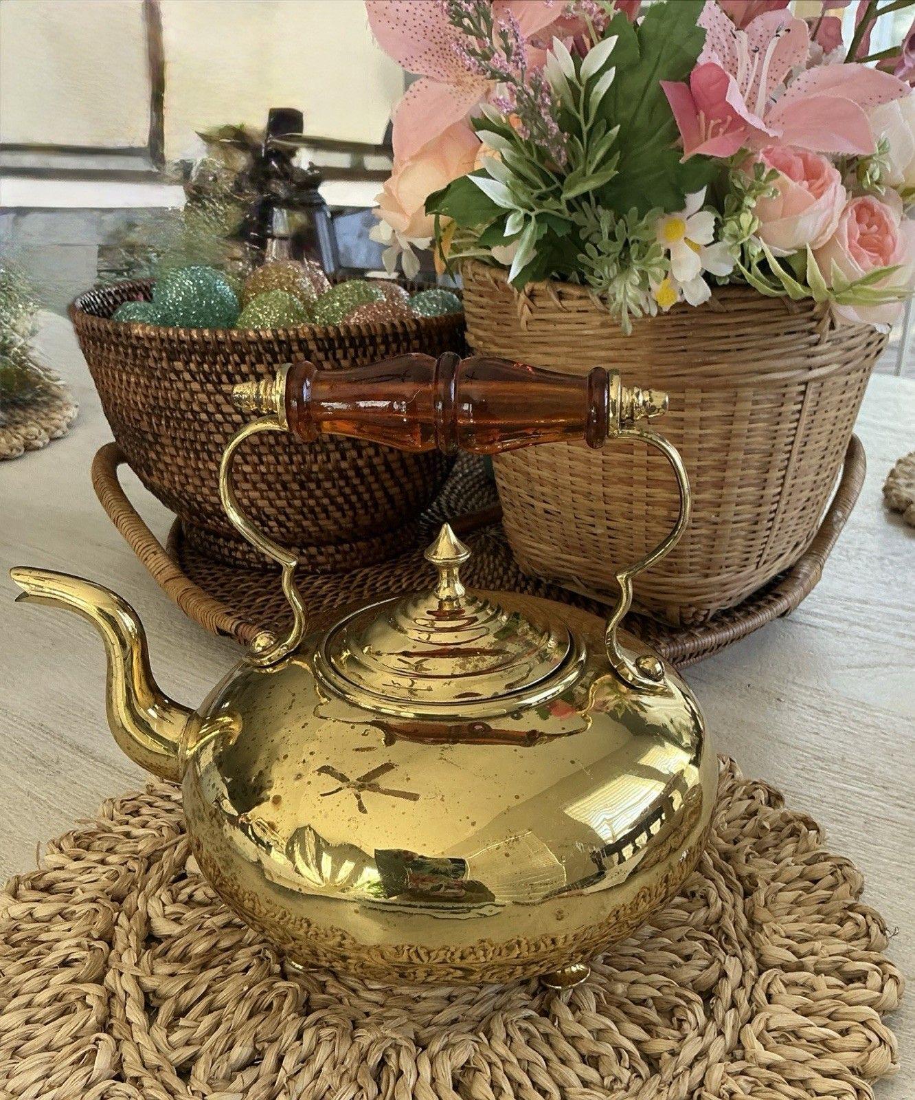 Vintage Brass Footed ToddyKettle With Amber Glass Handle James Clewes Birmingham
