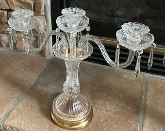 Hollywood Regency Cut Crystal 2 Arm Candlestick Candelabra Vntg 1950s READ