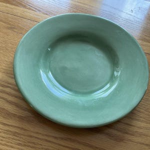 May include: A round, pale green ceramic plate with a slightly raised rim. The plate has a smooth, glossy finish. It is set against a wooden surface. This dish is suitable for serving food.