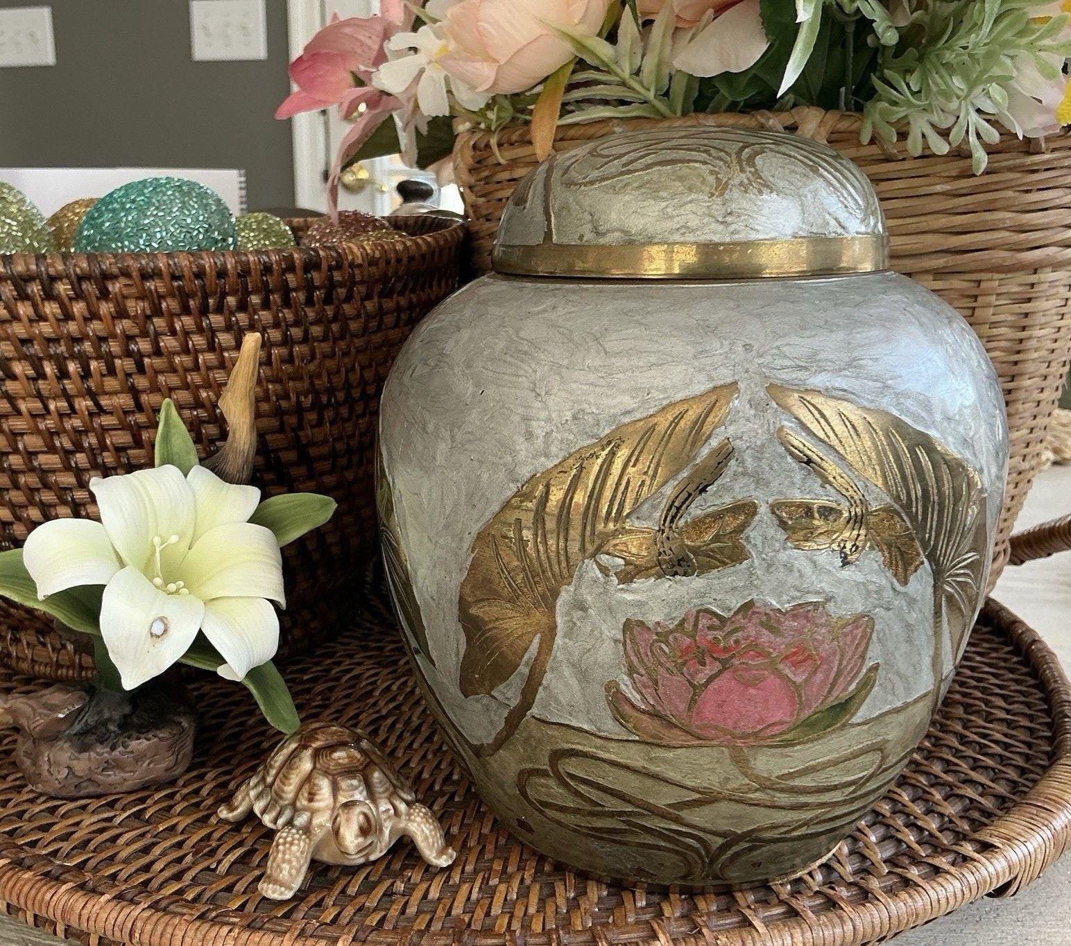 Vintage Painted Enamel & Brass Ginger Jar Urn Vase Floral Decorative