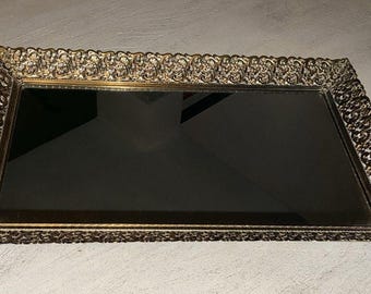 Tocador con espejo Matson vintage, bandeja de tocador chapada en oro de 24 quilates, 15 x 10