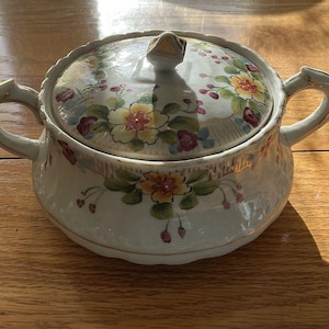 Può includere: Una zuccheriera vintage in ceramica con coperchio, con disegni floreali dipinti a mano in giallo, rosso e verde. La ciotola ha due manici e un pomello dorato sul coperchio. Il colore generale è bianco sporco con finiture dorate.