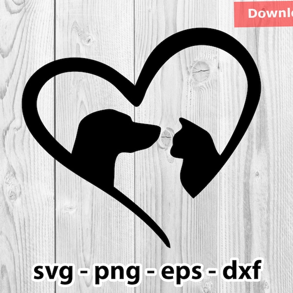 Love Heart Cat and Dog Svg Png Dxf Eps Instant Download for Print Cut Plotter