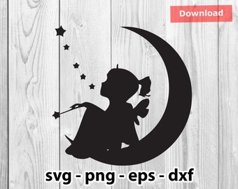 Girl and Moon Svg Png Dxf Eps Instant Download for Print Cut Plotter