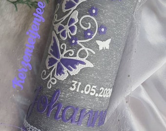 Christening candle birthday candle rustic vintage butterflies girl purple lilac
