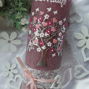 Christening candle girl rustic vintage tree of life flowers pink silver butterflies image 4