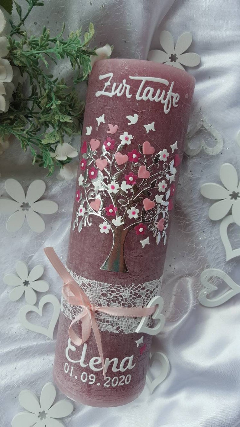 Christening candle girl rustic vintage tree of life flowers pink silver butterflies image 4