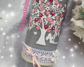 Birth candle, birthday candle, baptism candle girl swing tree of life rustic vintage shabby gray pink white butterflies