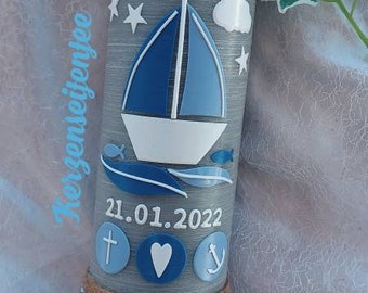 communion candle christening candle boat rustic ship anchor light blue pink mint fish waves faith love hope