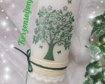 Christening candle girl boy rustic vintage tree of life pink berry blue green silver flowers butterflies