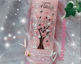 Christening candle girl boy rustic vintage tree of life pink blue silver flowers butterflies