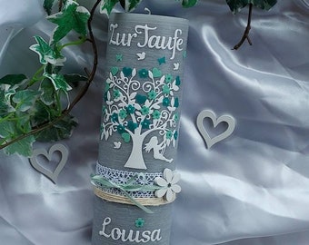 Christening candle girl boy swing tree of life rustic vintage shabby gray pink white butterflies