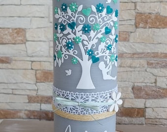 Christening candle girl boy swing tree of life rustic vintage shabby gray pink white butterflies