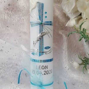 Communion candle, baptism candle, boy girl, angel, fish, waves, anchor, blue, pink, silver image 3