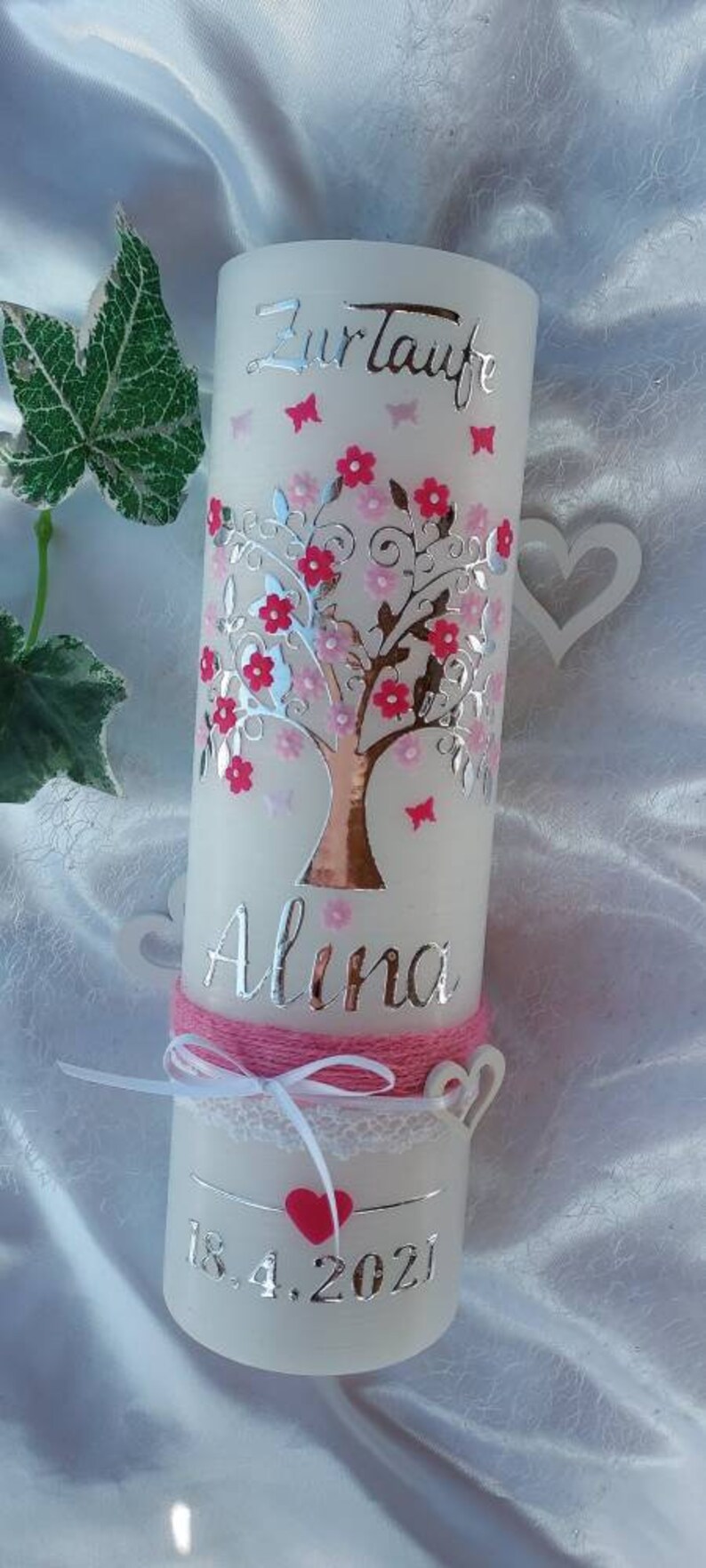 Christening candle girl birthday candle, tree of life rustic vintage pink white butterflies image 5