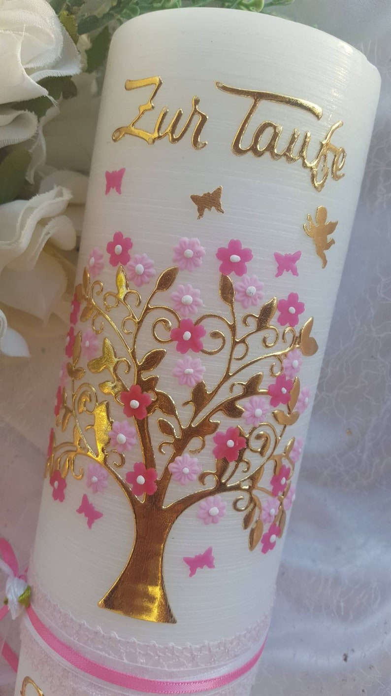 Christening candle girl birthday candle, tree of life rustic vintage pink white butterflies image 10