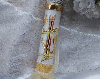 Bougie de communion croix nacre or brossé