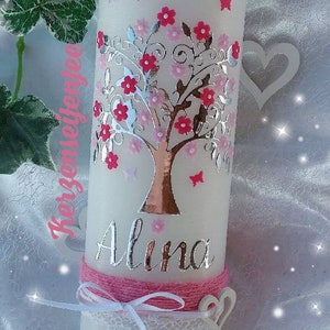 Christening candle girl birthday candle, tree of life rustic vintage pink white butterflies image 2