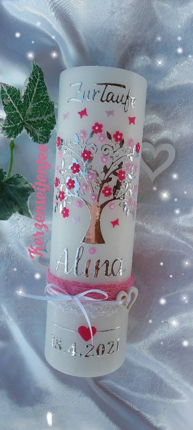 Christening candle girl birthday candle, tree of life rustic vintage pink white butterflies image 2