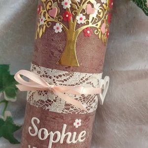 Christening candle girl rustic vintage tree of life flowers pink silver butterflies image 6