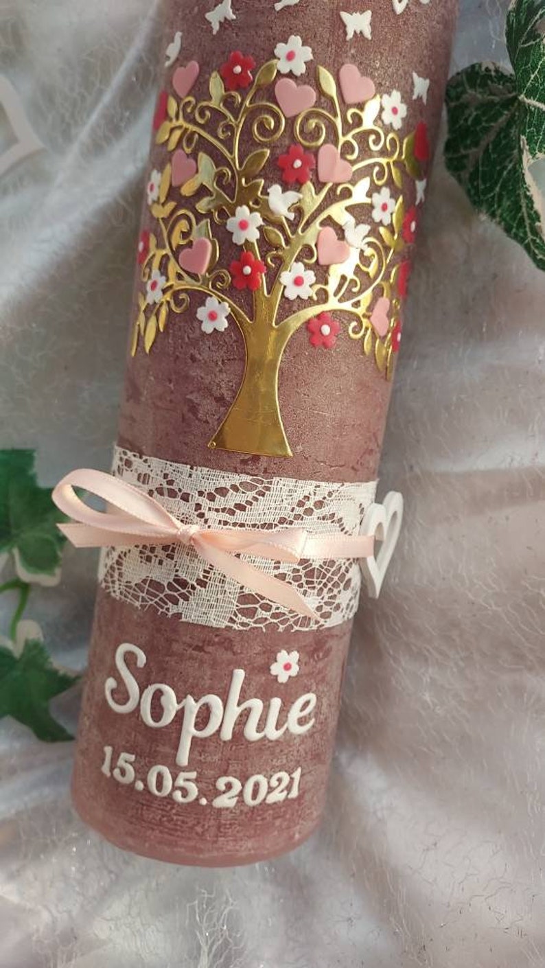 Christening candle girl rustic vintage tree of life flowers pink silver butterflies image 6