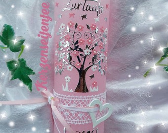 Christening candle tree of life girl rustic vintage birthday candle tree of life pink silver flowers butterflies