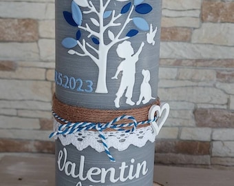 Christening candle rustic vintage tree of life boy girl dog cat