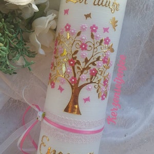 Christening candle girl birthday candle, tree of life rustic vintage pink white butterflies image 9