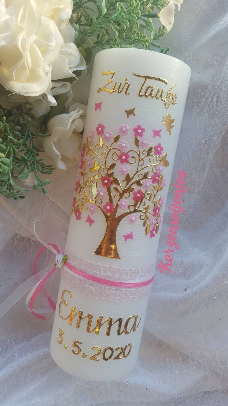 Christening candle girl birthday candle, tree of life rustic vintage pink white butterflies image 9