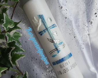 Baptismal candle, Communion candle, pearlescent brushed, boy/girl, cross, angel, fish, ear of wheat, pink, blue, silver