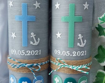 Baptismal Candle Rustic Vintage Cross Anchor Boat Ship Boy