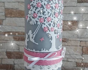 Baptismal candle tree of life girl swing rustic vintage birthday candle tree of life pink lilac flowers butterflies