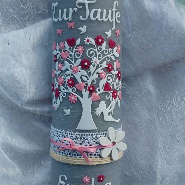 Taufkerze Mädchen,Junge Schaukel Lebensbaum  rustikal vintage shabby grau rosa weiß Schmetterlinge