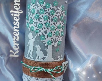 Christening candle tree of life boy dog rustic vintage birthday candle butterflies