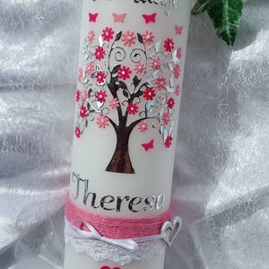 Christening candle girl birthday candle, tree of life rustic vintage pink white butterflies image 4