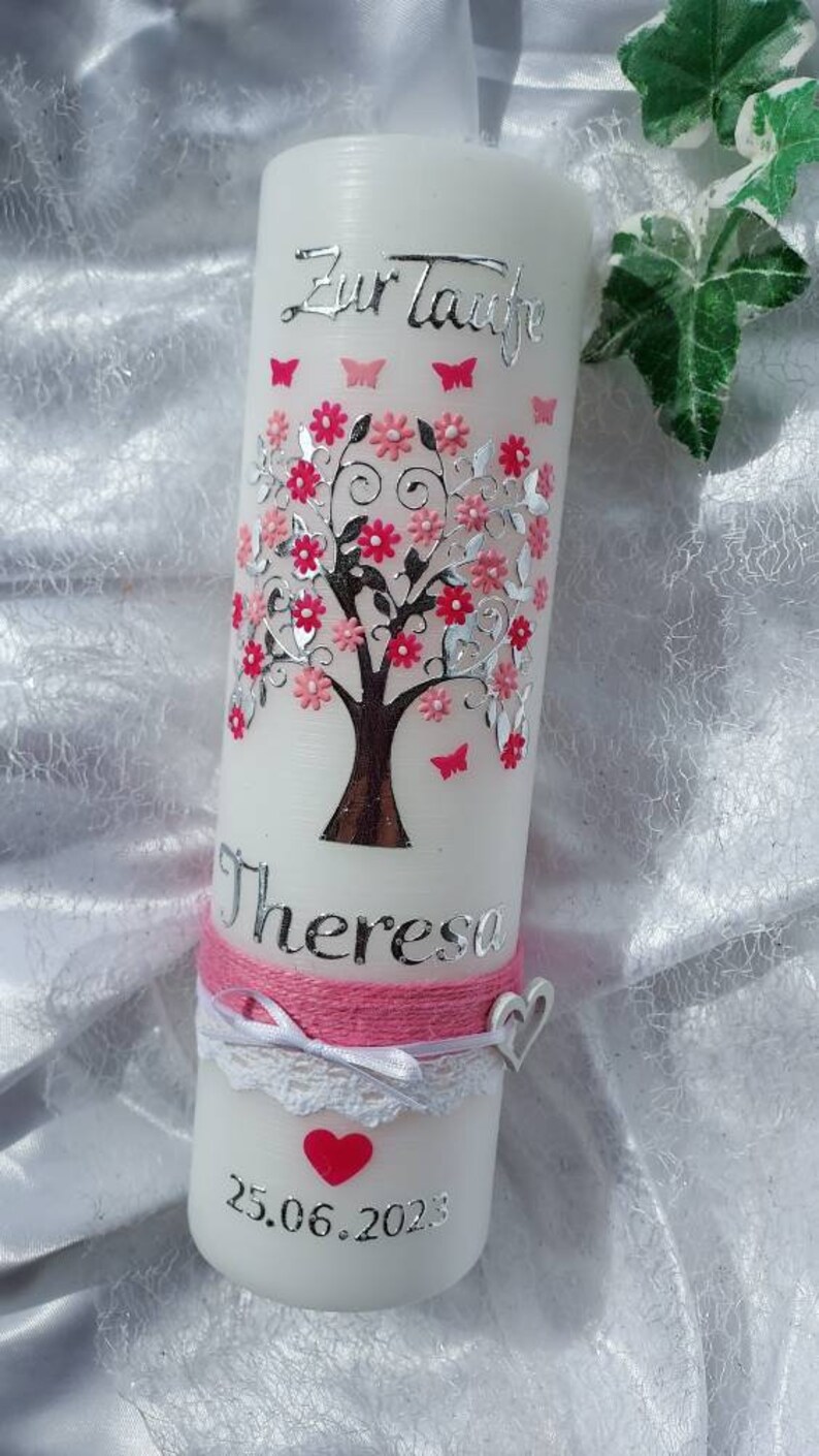 Christening candle girl birthday candle, tree of life rustic vintage pink white butterflies image 4